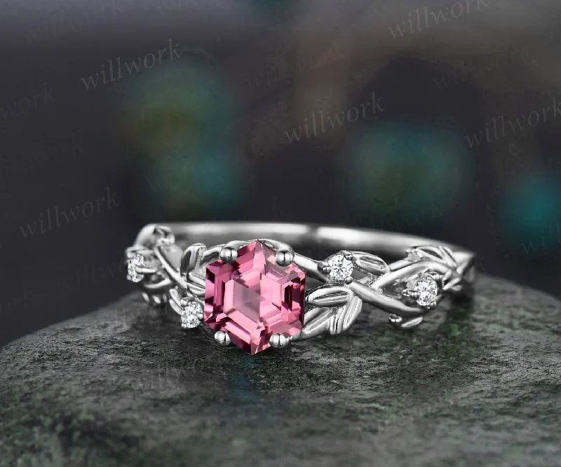 READY TO SHIP: Twig Hexagon Cut Pink Tourmaline Engagement Ring - 14K White Gold - Ring Size:8 US