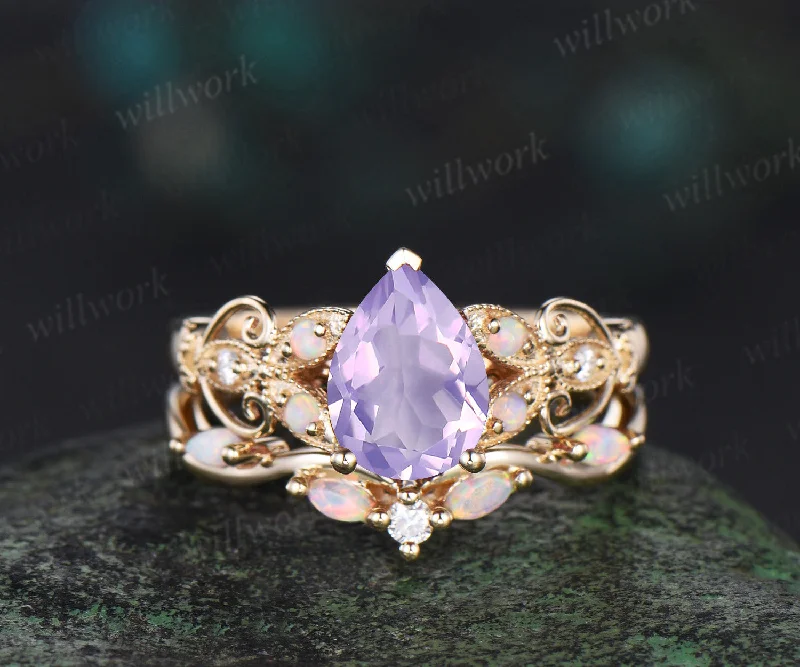 Vintage pear Lavender Amethyst engagement ring set yellow gold butterfly Milgrain opal ring women stacking anniversary ring set gift