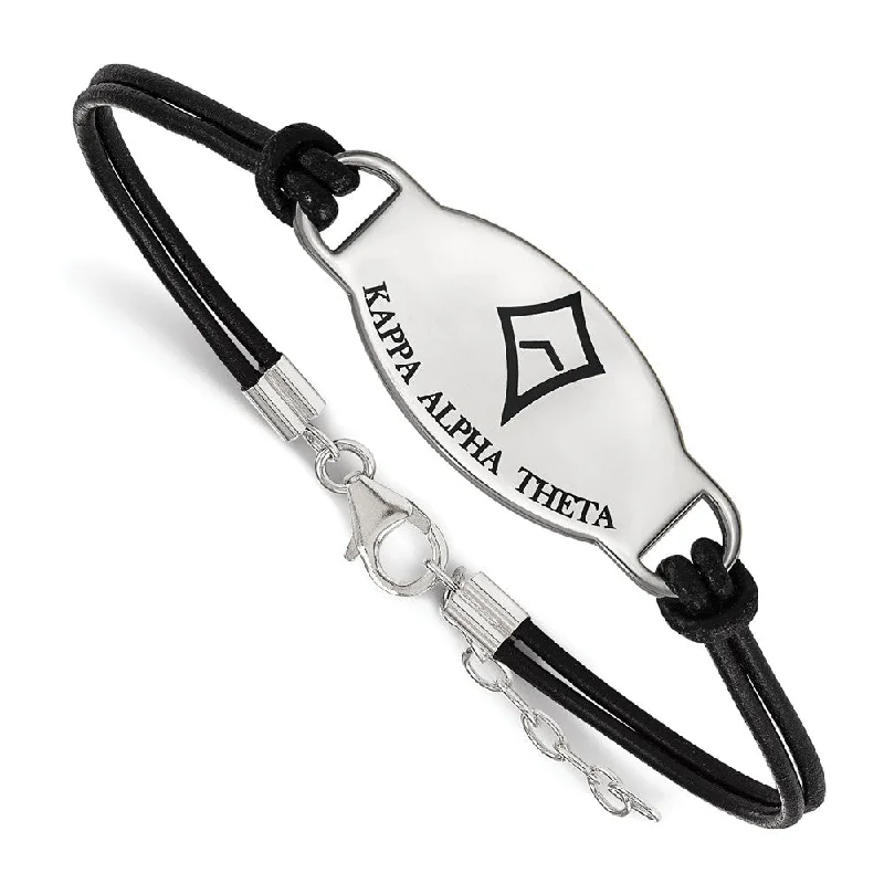 Sterling Silver Kappa Alpha Theta Enamel Blk Leather Bracelet - 7 in.