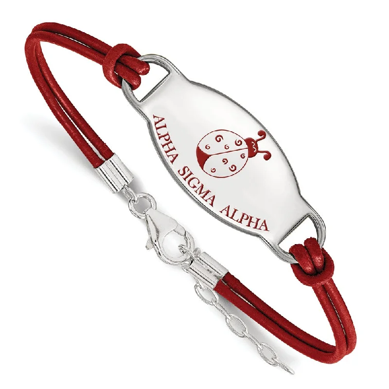 Sterling Silver Alpha Sigma Alpha Enamel Red Leather Bracelet - 7 in.