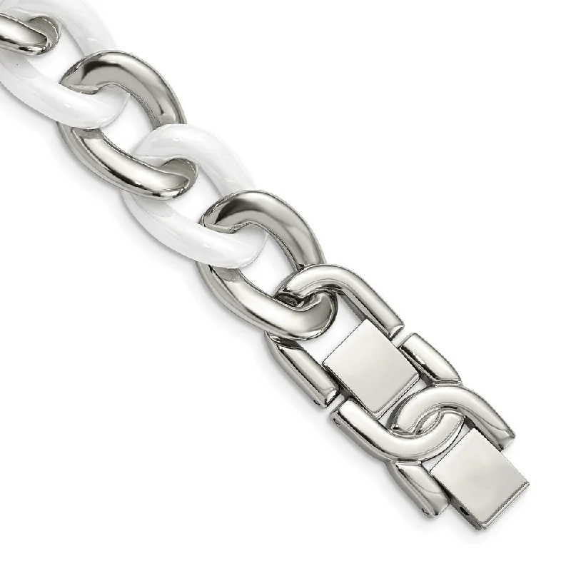 Stainless Steel & White Ceramic Curb Chain Bracelet, 7.5 to 8.5 Inch