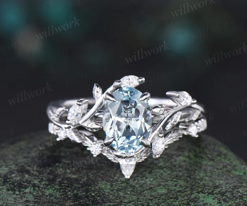 Vintage oval cut aquamarine engagement ring 14k white gold leaf nature inspired ring women unique cluster diamond bridal promise ring set