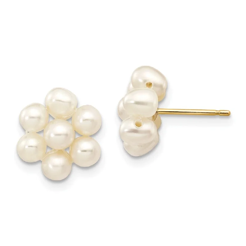 14k Yellow Gold Medium Egg White Cultured Pearl Flower Stud Earrings (L-11 mm, W-10 mm)