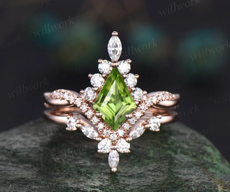 Vintage kite cut peridot ring gold halo unique engagement ring set art deco curved twisted diamond promise bridal wedding ring set women