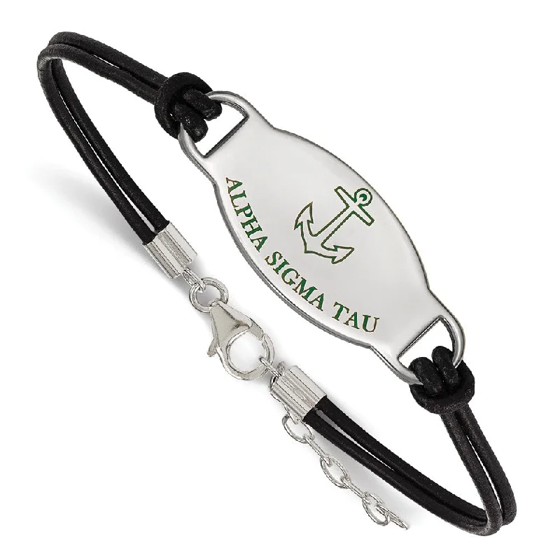 Sterling Silver Alpha Sigma Tau Enamel Blk Leather Bracelet - 7 in.