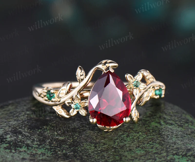 Vintage pear red ruby engagement ring five stone solid 14k yellow gold nature inspired leaf floral emerald wedding ring women gift