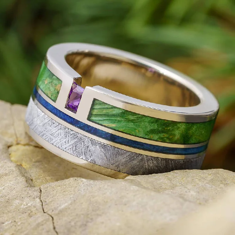 Men's Wedding Ring With Meteorite & Colored Woods