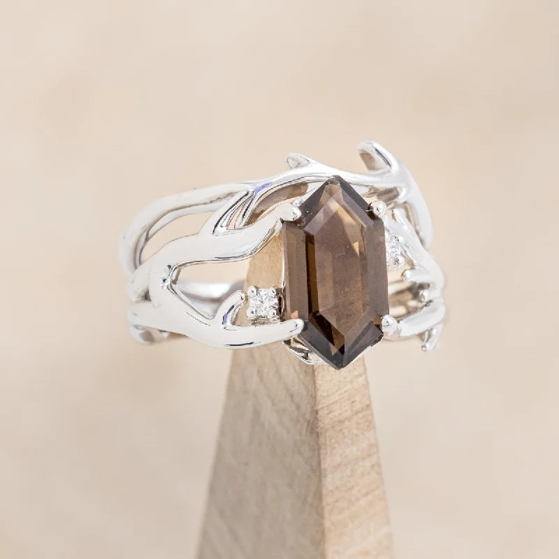 "ARTEMIS" - ELONGATED HEXAGON SMOKY QUARTZ ENGAGEMENT RING WITH DIAMOND ACCENTS & ANTLER STYLE STACKER