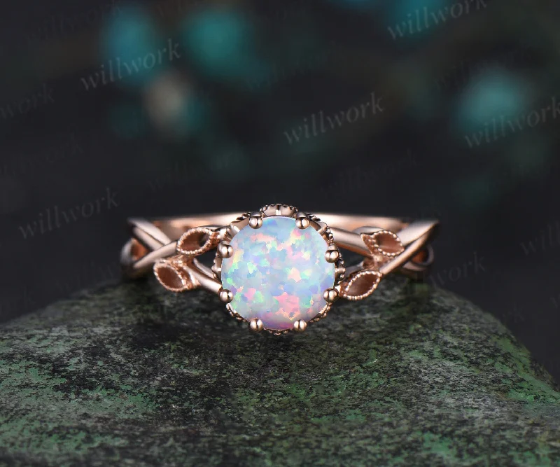 Vintage round white opal engagement ring solid 14k rose gold infinity marquise leaf under halo diamond wedding ring set women