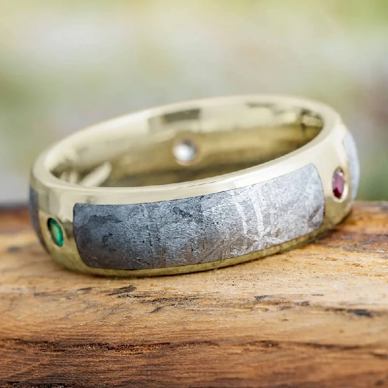 Meteorite Wedding Band with Gemstones