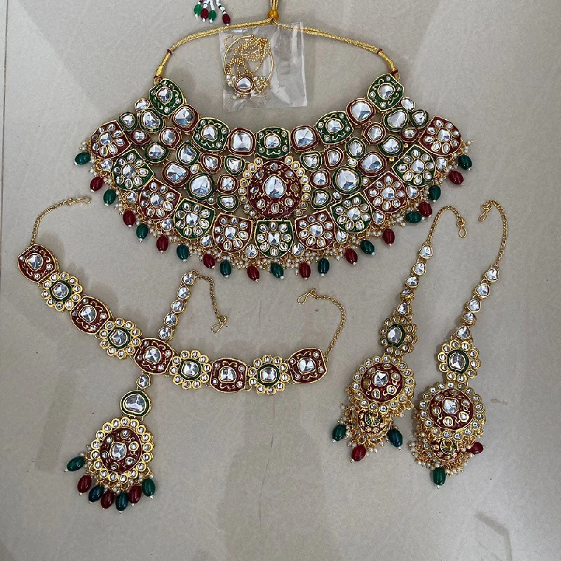 India Art Gold Plated Kundan Stone And Beads Semi Bridal Necklace set