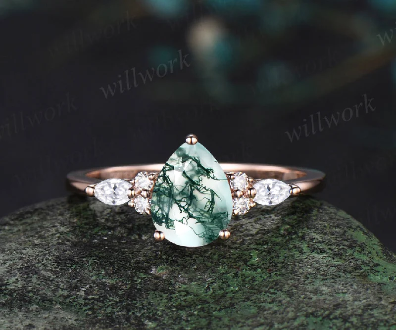 READY TO SHIP: Pear Cut Moss Agate Engagement Ring - 10K Rose Gold - Ring Size:7 US