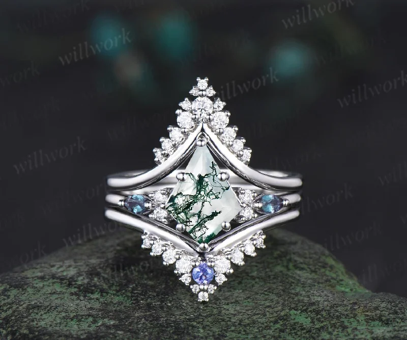 Kite cut moss agate engagement ring set solid 14k white gold alexandrite snowdrift moissanite ring unique promise wedding ring set women