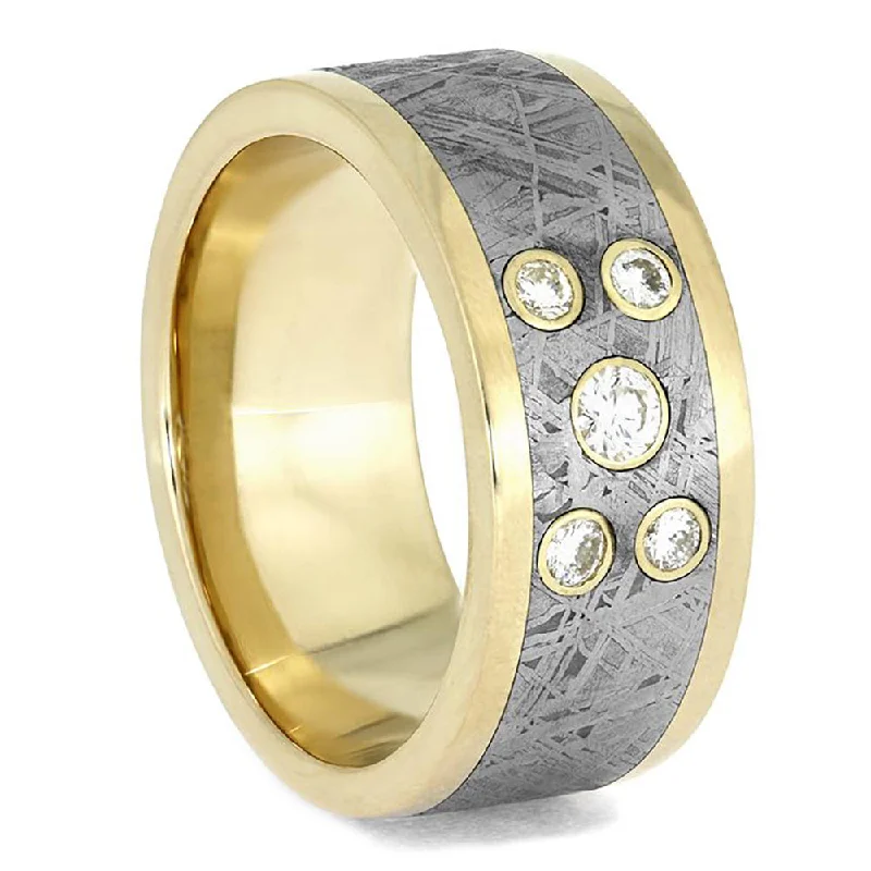 Solid Gold Meteorite Ring with Bezel Set Diamonds