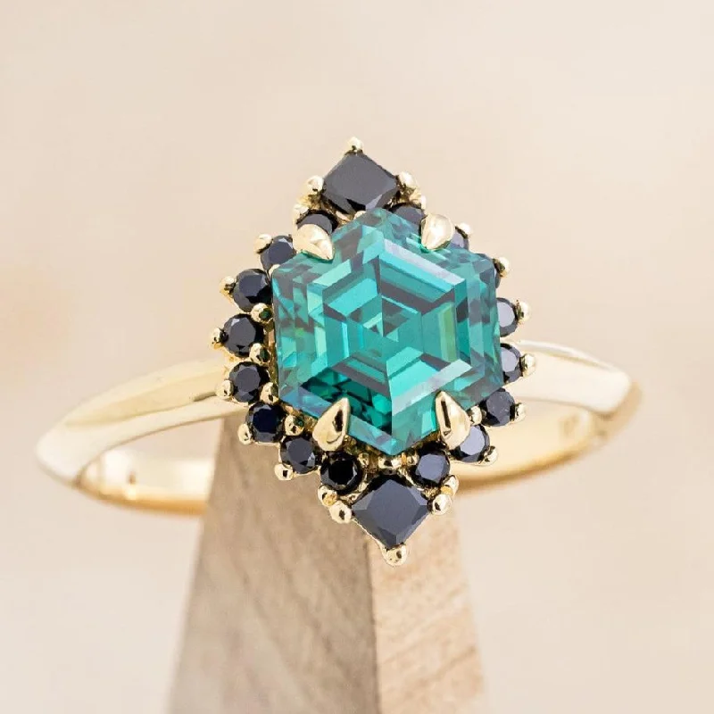 "NEREZZA" - HEXAGON CUT GREEN MOISSANITE ENGAGEMENT RING WITH A BLACK DIAMOND HALO