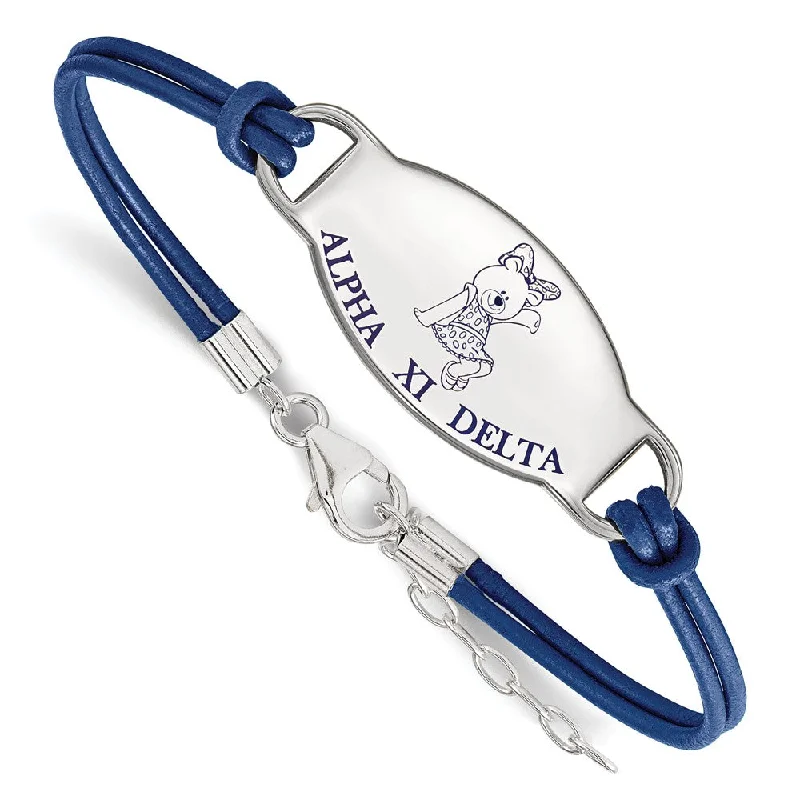 Sterling Silver Alpha Xi Delta Enamel Blue Leather Bracelet - 7 in.