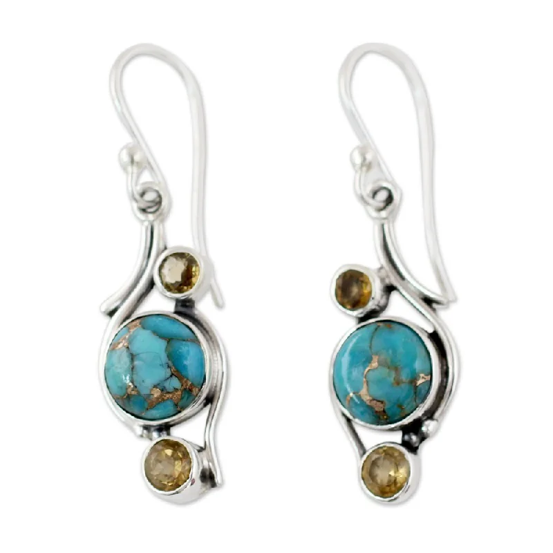 Handmade Sterling Silver 'Golden Sky' Citrine Turquoise Earrings (India) - 1.5*0.4