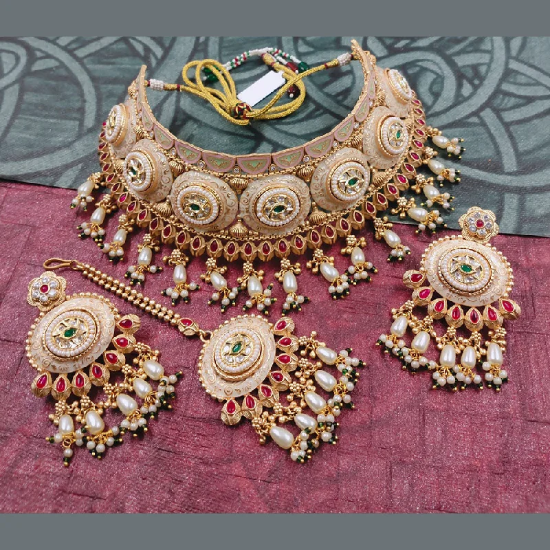 Akruti Collection Gold Plated Pota Stone And Pearls Choker Necklace Set