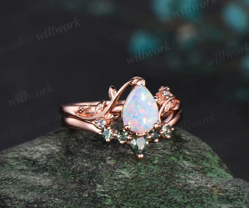 Vintage oval cut White Opal engagement ring rose gold cluster leaf Moss Agate nature inspired bridal promise wedding ring set women