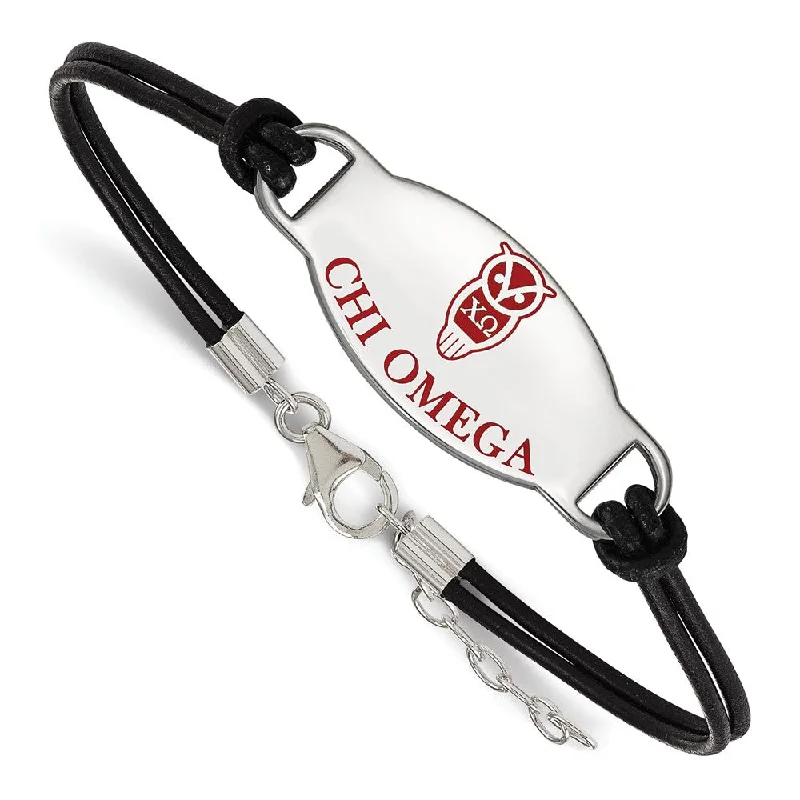 Sterling Silver Chi Omega Enamel Black Leather Bracelet - 7 in.