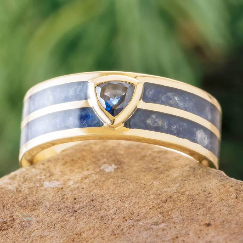 Trillion Blue Sapphire Wedding Band in Polished Gold