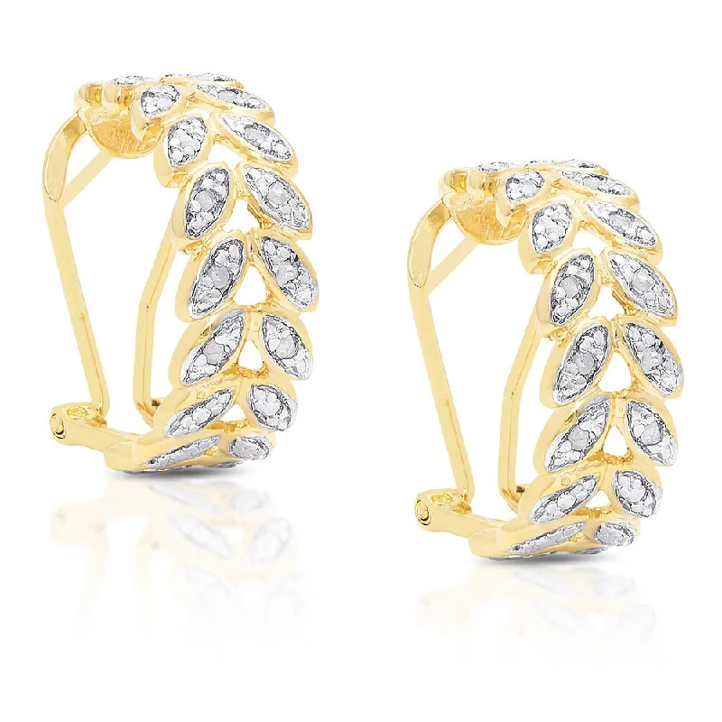 Finesque Yellow Gold over Silver 1/4ct TDW Diamond Leaf Hoop Earrings