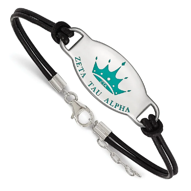 Sterling Silver Zeta Tau Alpha Enamel Black Leather Bracelet - 7 in.