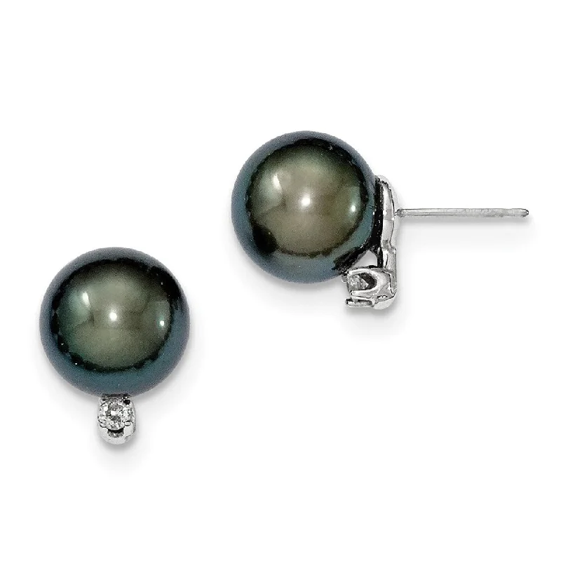 14k White Gold 10-11mm Saltwater Cultured Tahitian Pearl & Dia. Stud Earrings (L-13 mm, W-10 mm)