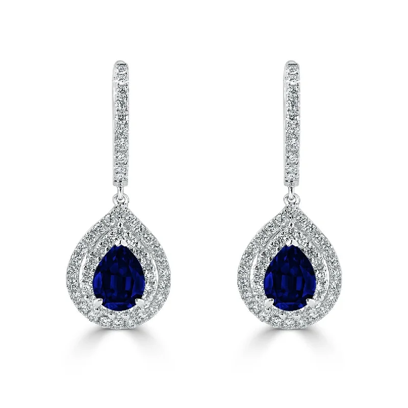 Auriya Fancy Teardrop 2 5/8ct Blue Sapphire and 1.03ct Diamond Double Halo Dangle Earrings 18k Gold