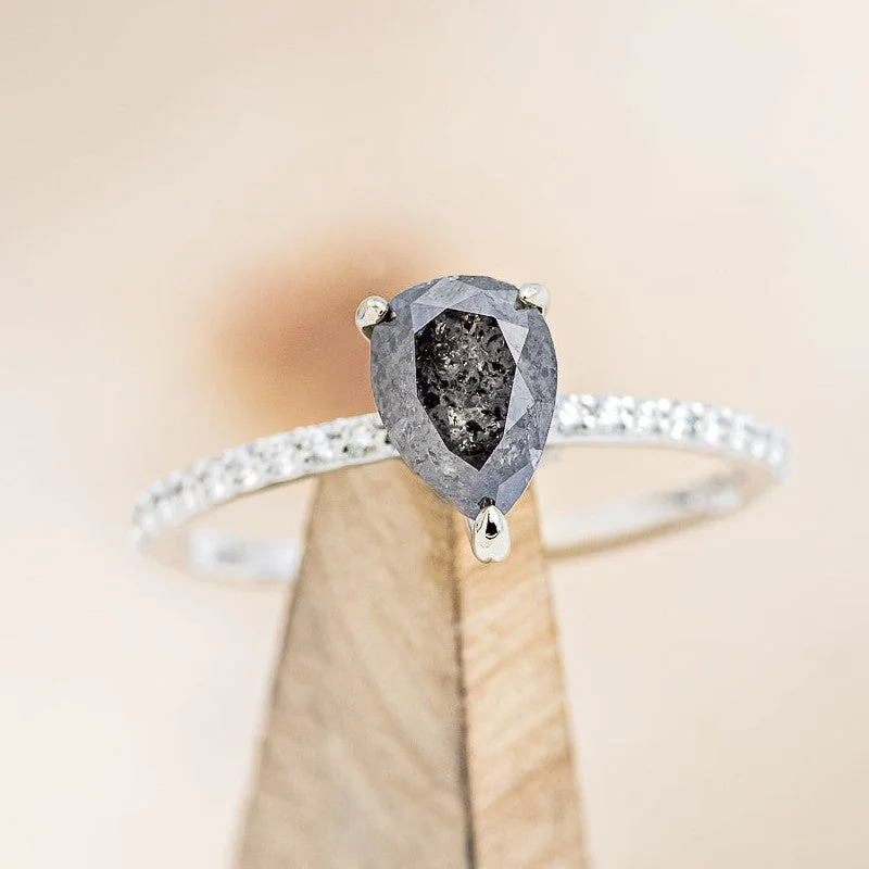 "RAMONA" - PEAR CUT SALT & PEPPER DIAMOND ENGAGEMENT RING WITH DIAMOND ACCENTS