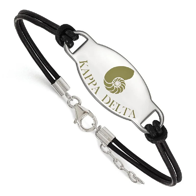 Sterling Silver Kappa Delta Enamel Black Leather Bracelet - 7 in.