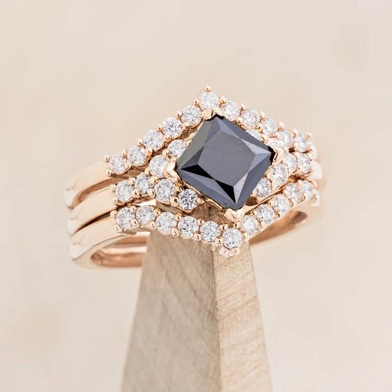 "LAYLA" - BRIDAL SUITE PRINCESS-CUT BLACK MOISSANITE ENGAGEMENT RING WITH DIAMOND ACCENTS & TRACERS