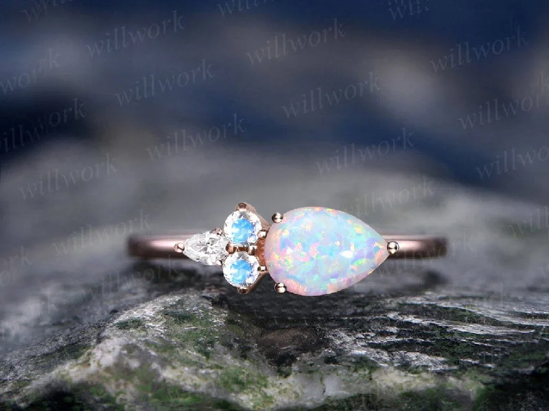 Pear shaped opal ring vintage five stone East To West unique opal engagement ring 14k rose gold dainty moonstone bridal ring for women gift