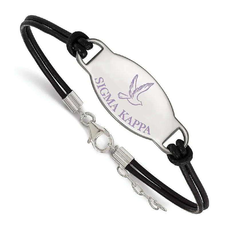 Sterling Silver Sigma Kappa Enamel Black Leather Bracelet - 7 in.