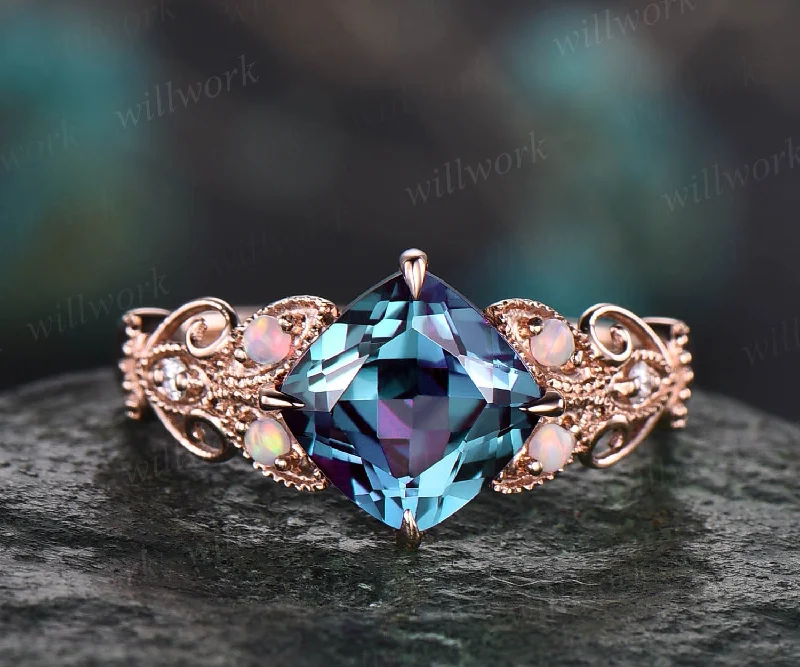 Cushion cut Alexandrite engagement ring 14k rose gold butterfly flower unique vintage engagement ring opal diamond wedding ring for women