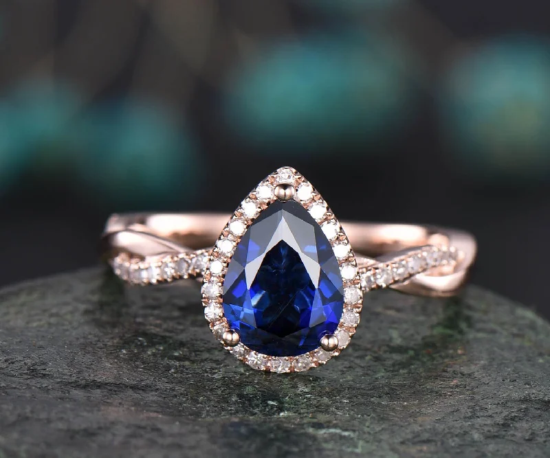 Pear shaped sapphire engagement ring vintage sapphire jewelry twisted infinity diamond ring rose gold bridal ring September birthstone ring