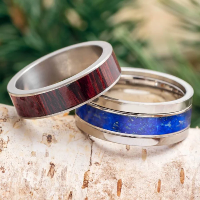 Lapis Lazuli & Bloodwood Modular Titanium Ring Set