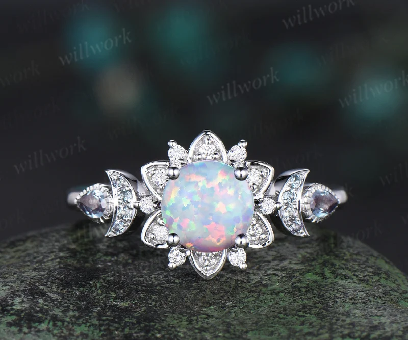 Round opal engagement ring cluster floral alexandrite ring moon halo diamond wedding ring women 14k white gold anniversary gift