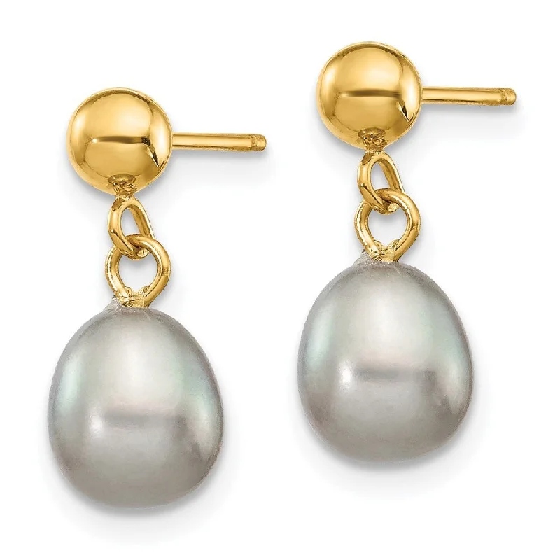 14k Yellow Gold 6-7mm Grey Pearl Dangle Earrings (L-13 mm, W-6.5 mm)