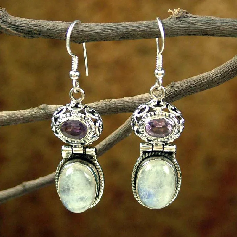 Handmade Sterling Silver 'Mystic' Moonstone Amethyst Earrings (India)