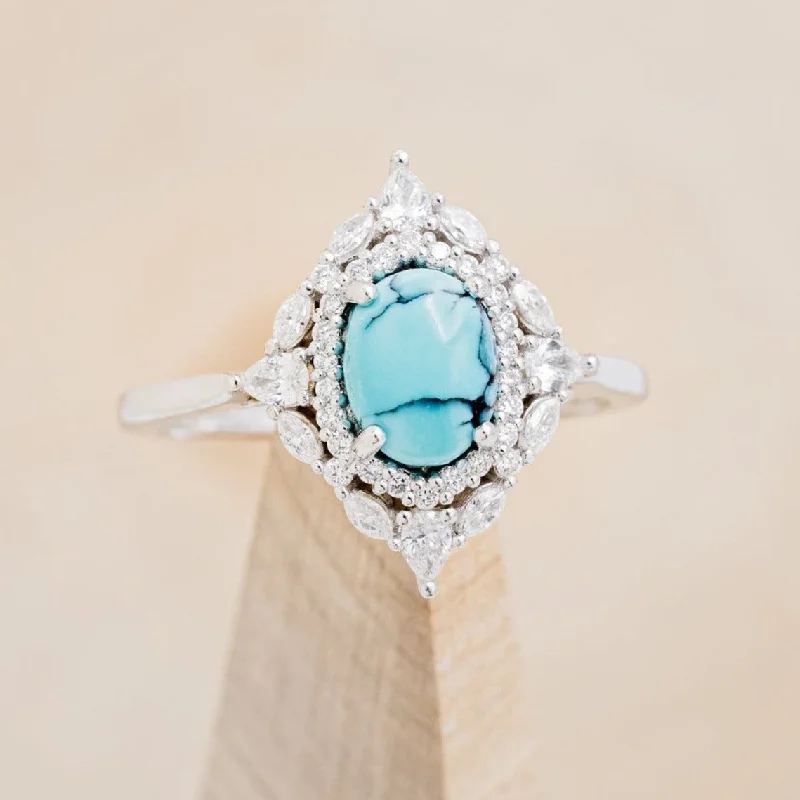 "NORTH STAR" - OVAL TURQUOISE CABOCHON ENGAGEMENT RING WITH DIAMOND HALO