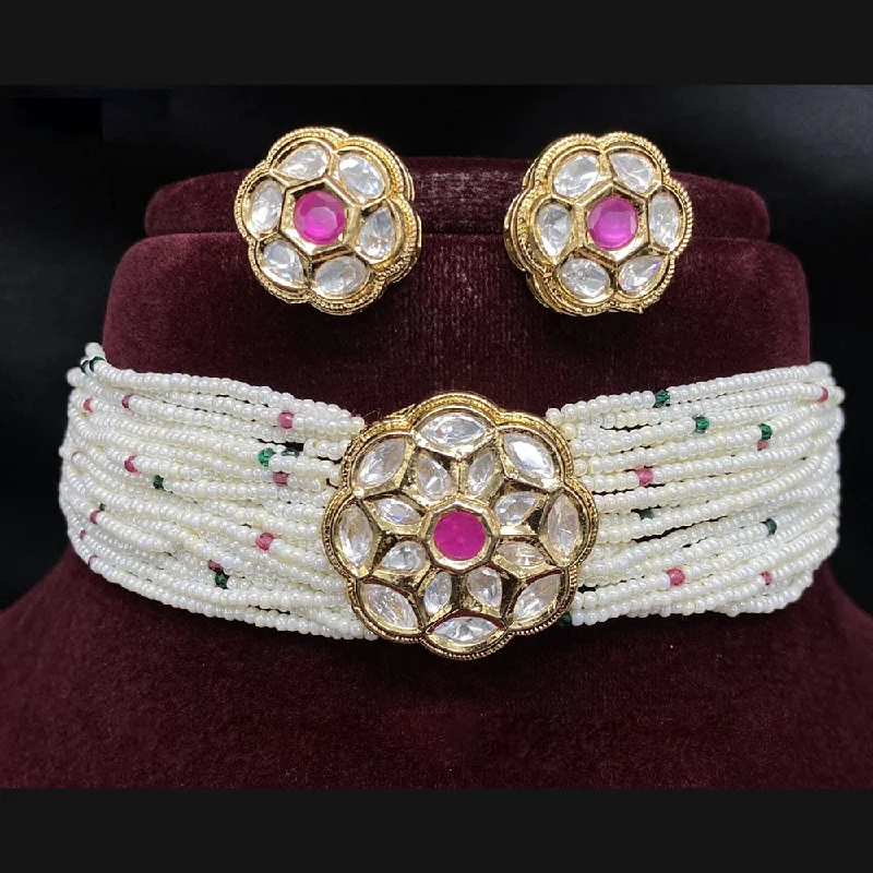 Royal Kundan Jewellery Gold Plated Crystal Stone And Pearls Choker Necklace Set