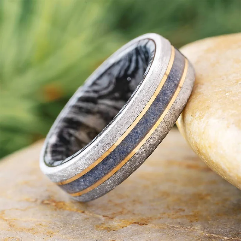 Meteorite Wedding Band with Mokume Sleeve and Birthstones