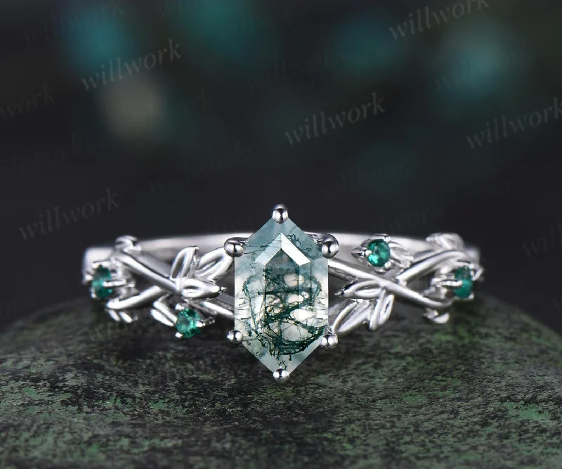 Long hexagon cut moss agate engagement ring vintage 14k white gold twig leaf emerald ring women nature inspired anniversary ring gift