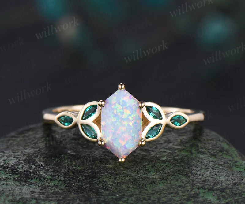 Long hexagon cut white opal ring vintage 14k yellow gold marquise leaf bezel emerald ring antique unique engagement ring women gift