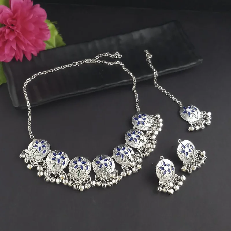 Kriaa Oxidised Plated Blue Meenakari Necklace Set With Maang Tikka - 1116014D