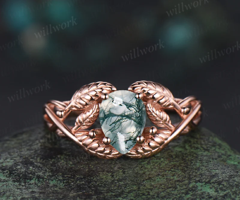 Pear cut moss agate wedding ring rose gold branch leaf Solitaire infinity engagement ring women Teardrop anniversary gift