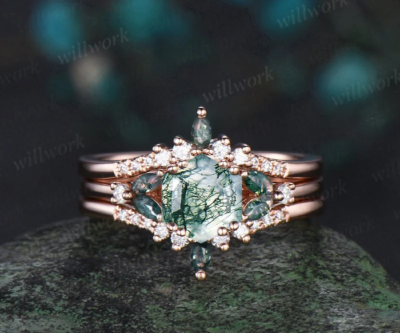 Hexagon cut moss agate ring rose gold cluster stacking moissanite ring set unique engagement ring women