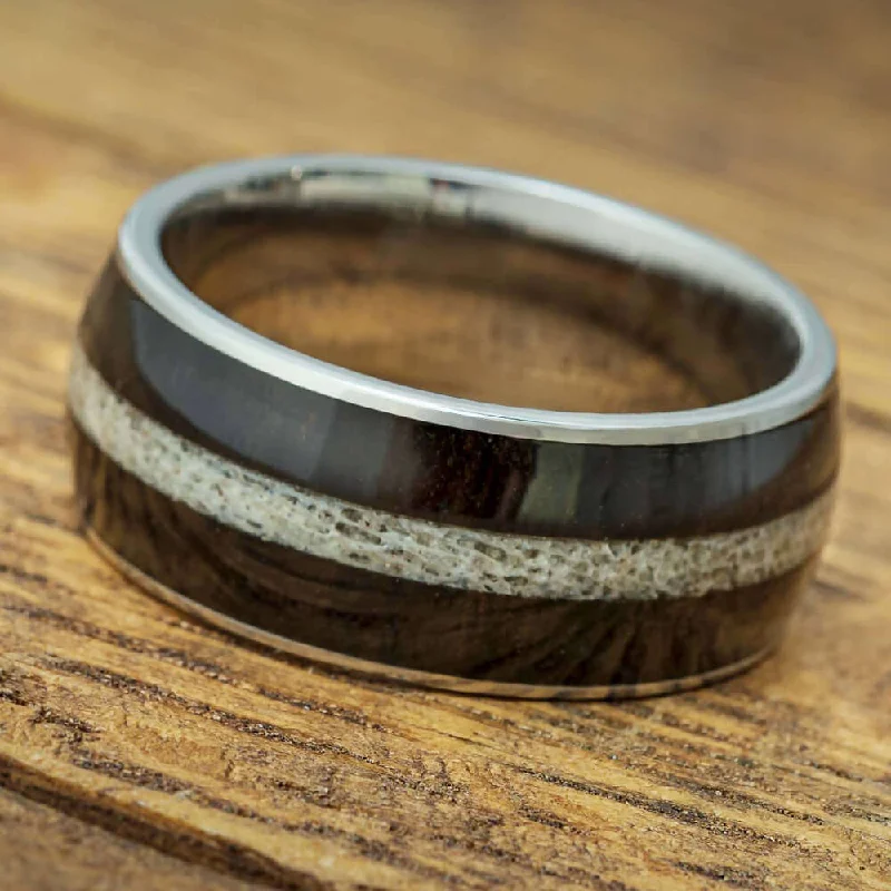 Masculine African Blackwood Ring with Antler Center Inlay