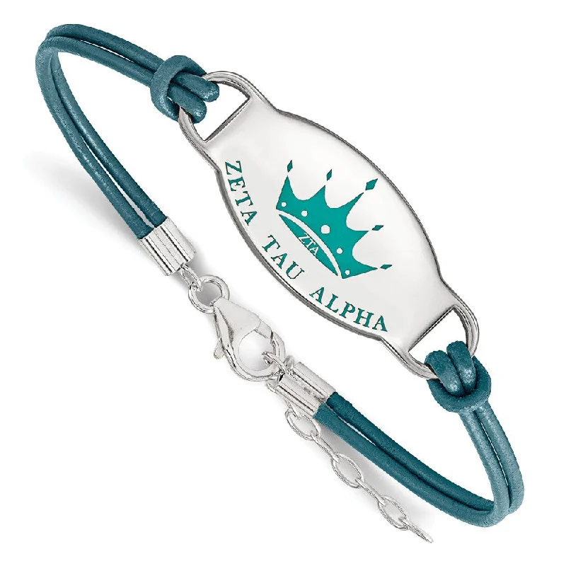 Sterling Silver Zeta Tau Alpha Enamel Teal Leather Bracelet - 7 in.